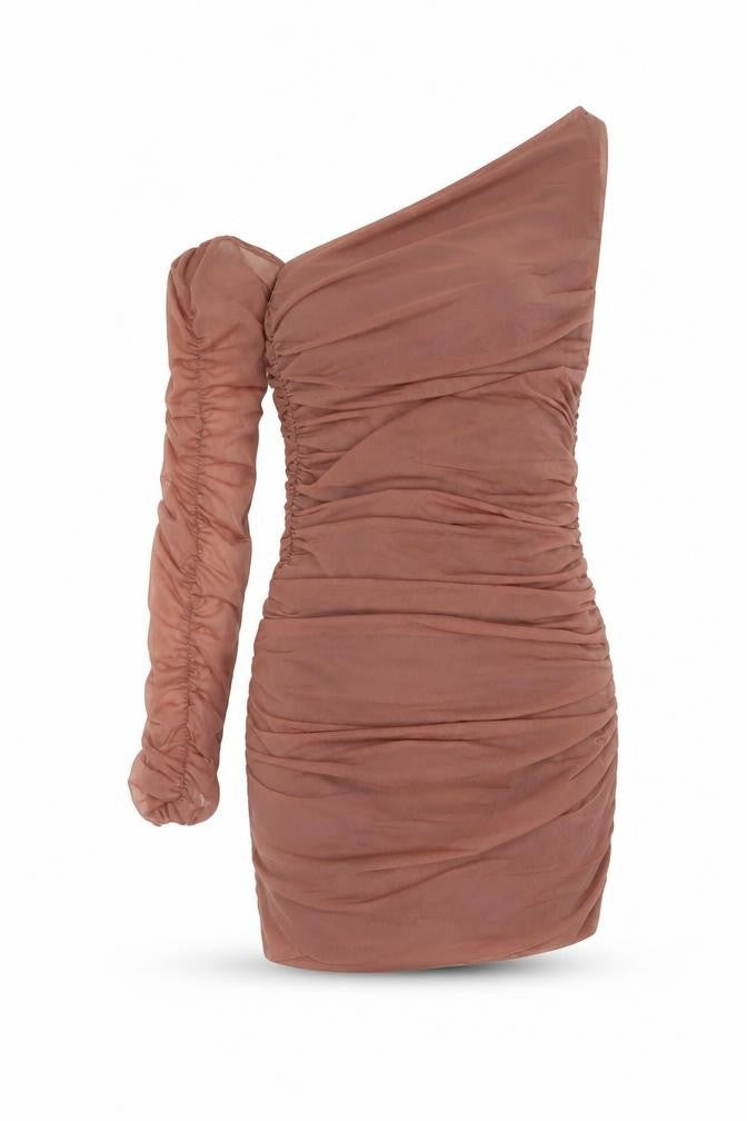 Front view of Zara women’s pink polyester mini, size S, one shoulder pullover - rouched