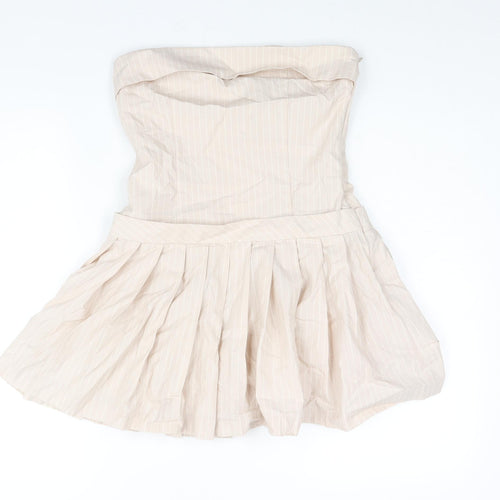 Zara Womens Pink Striped Cotton Mini Size S Square Neck Zip - Pleated