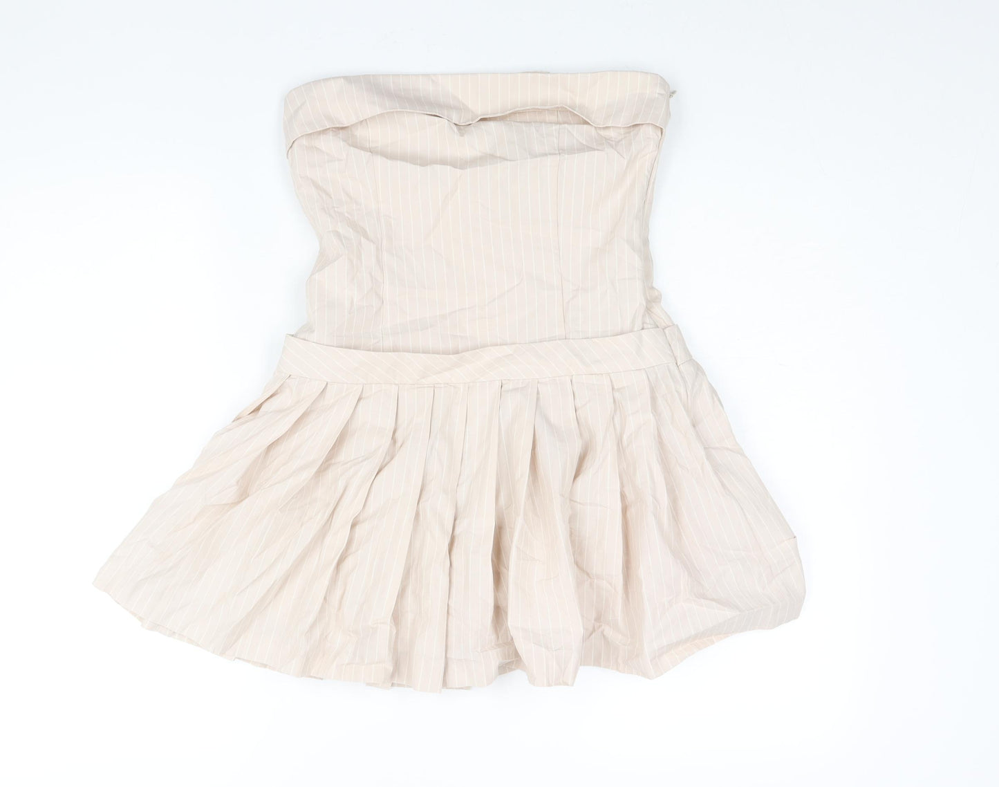 Zara Womens Pink Striped Cotton Mini Size S Square Neck Zip - Pleated