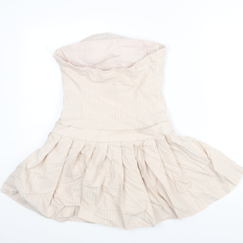 Zara Womens Pink Striped Cotton Mini Size S Square Neck Zip - Pleated