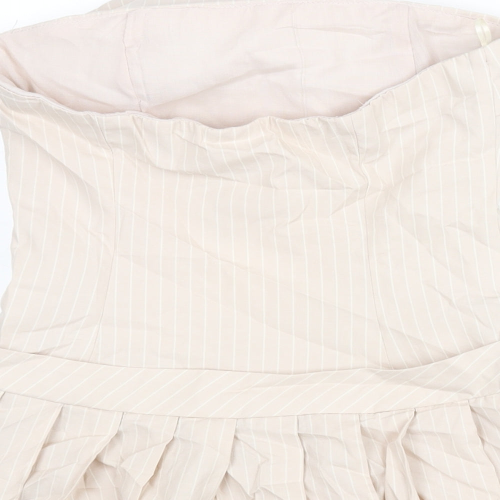 Zara Womens Pink Striped Cotton Mini Size S Square Neck Zip - Pleated