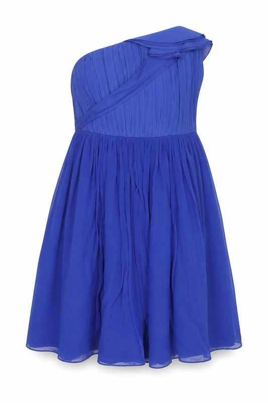 Front view of Coast women’s blue polyester fit & flare, size UK 16, square neck zip - pleated frill tulle underskirt