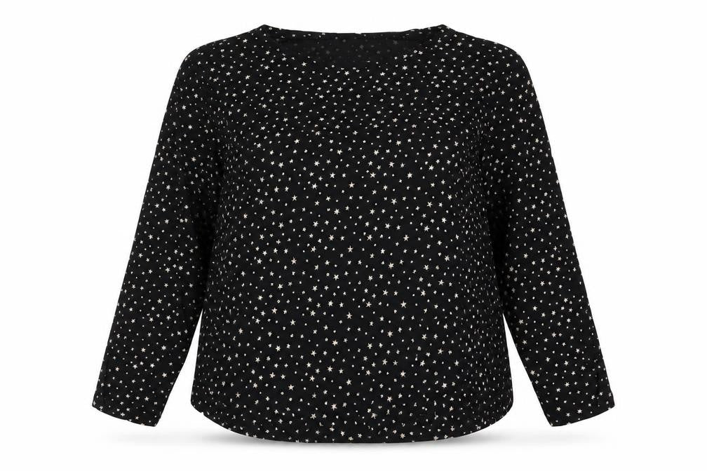 Front view of H&M women’s black geometric cotton basic blouse, size XL, roll neck - star print