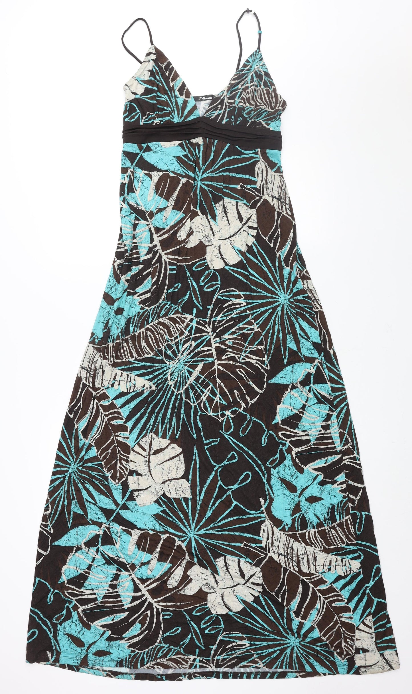 Jane Norman Womens Brown Geometric Viscose Maxi Size 16 V-Neck Pullover - Belted Leaf Print