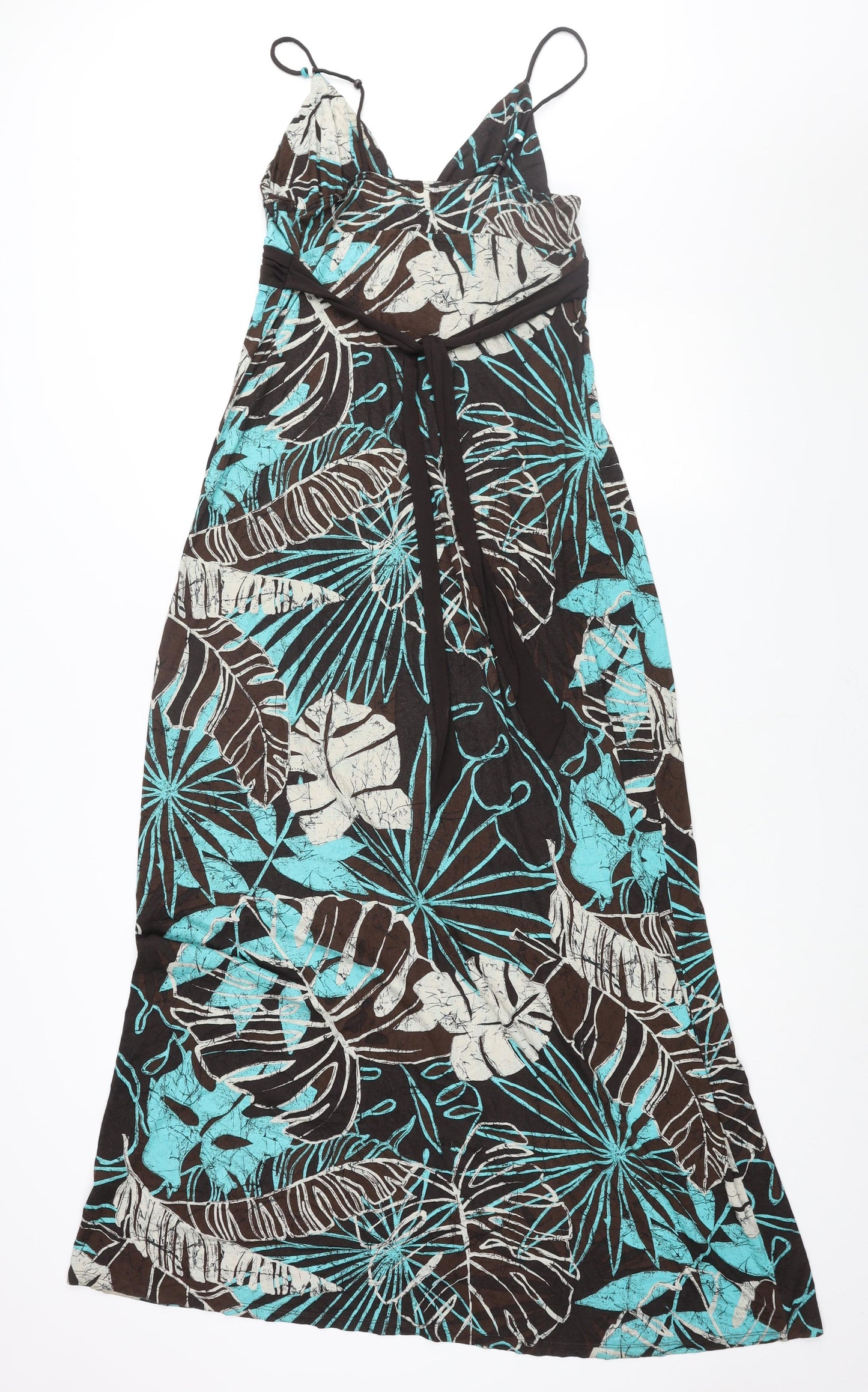 Jane Norman Womens Brown Geometric Viscose Maxi Size 16 V-Neck Pullover - Belted Leaf Print