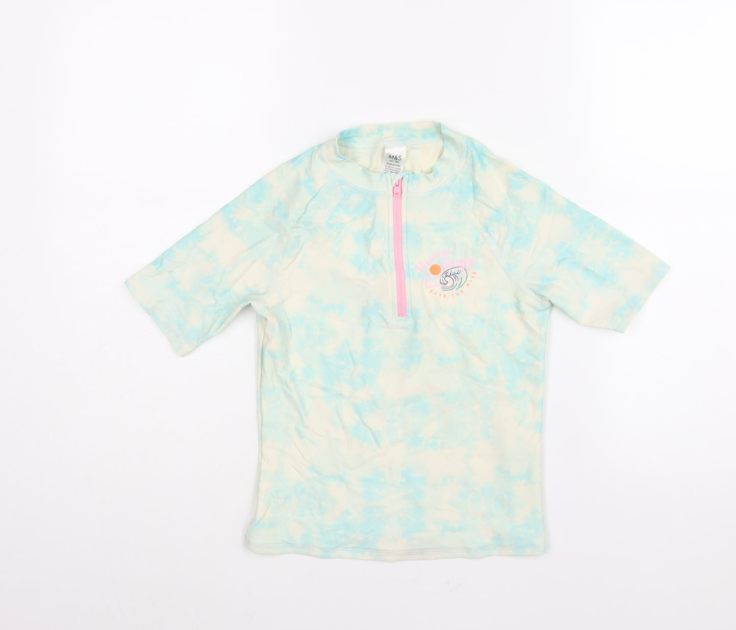 Marks and Spencer Girls Multicoloured Geometric Polyester Pullover Casual Size 10-11 Years Mock Neck Zip - Tie Dye Hawaii Surf Swim Top