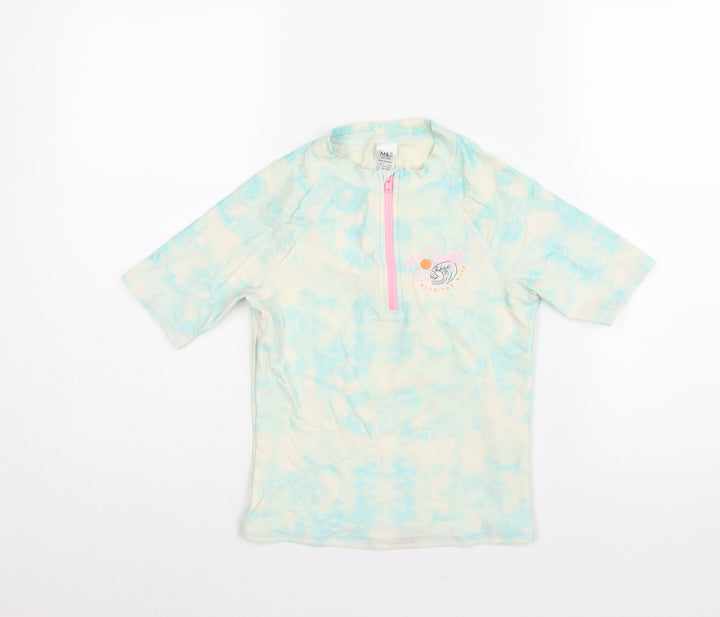 Marks and Spencer Girls Multicoloured Geometric Polyester Pullover Casual Size 10-11 Years Mock Neck Zip - Tie Dye Hawaii Surf Swim Top
