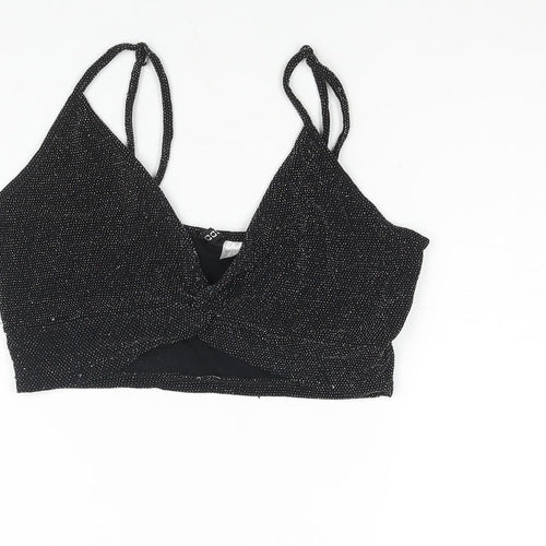 Divided by H&M Womens Black Polyester Cropped Blouse Size L V-Neck - Glitter Knot Detail