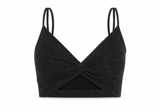 Front view of Divided by H&M women’s black polyester cropped blouse, size L, v-neck - glitter knot detail