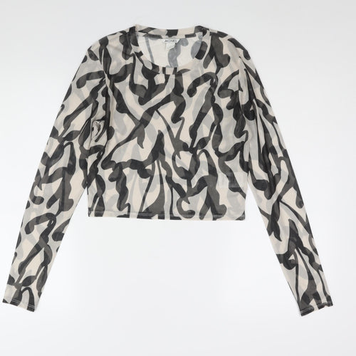 Monki Womens Black Geometric Polyester Cropped Blouse Size L Round Neck - Semi Sheer