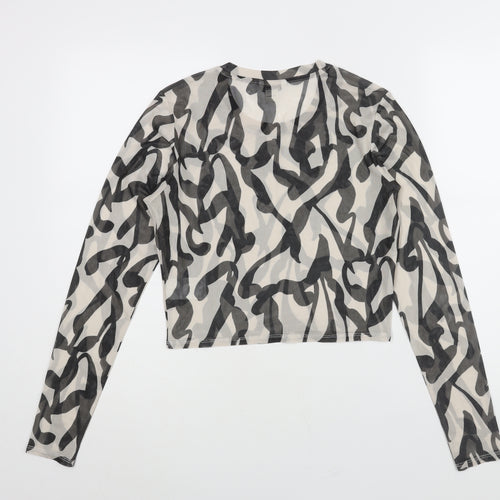 Monki Womens Black Geometric Polyester Cropped Blouse Size L Round Neck - Semi Sheer