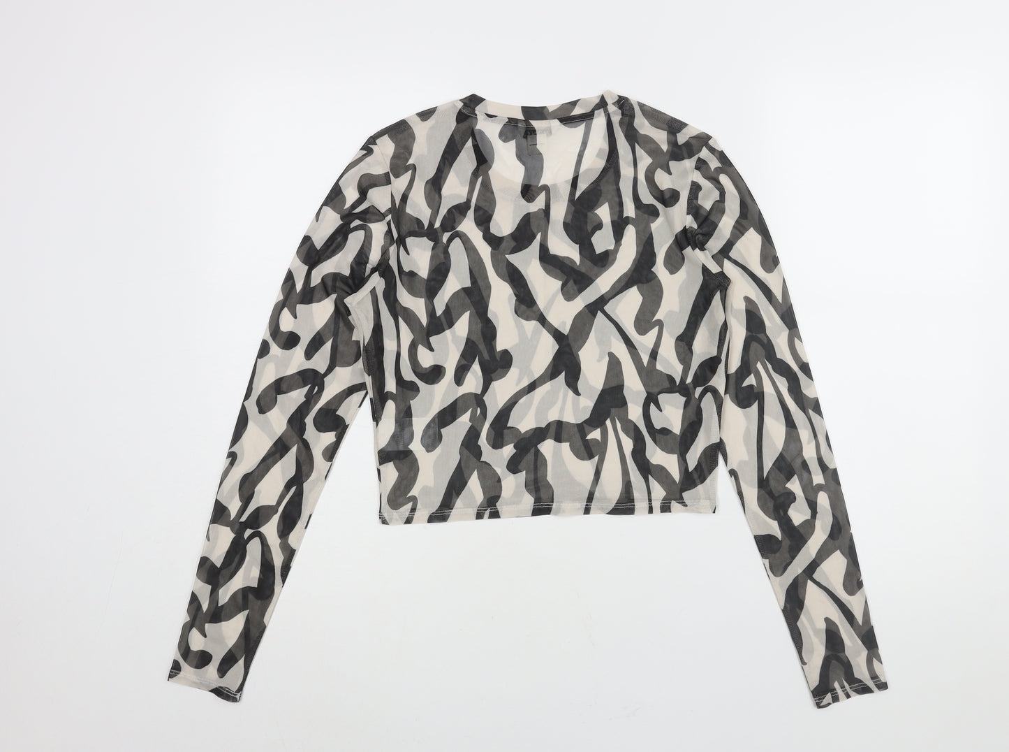 Monki Womens Black Geometric Polyester Cropped Blouse Size L Round Neck - Semi Sheer