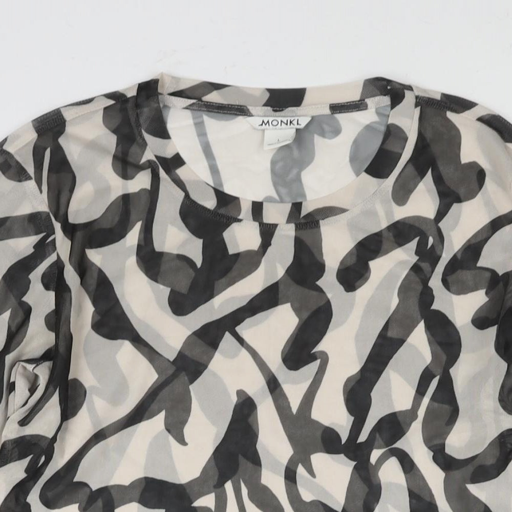 Monki Womens Black Geometric Polyester Cropped Blouse Size L Round Neck - Semi Sheer