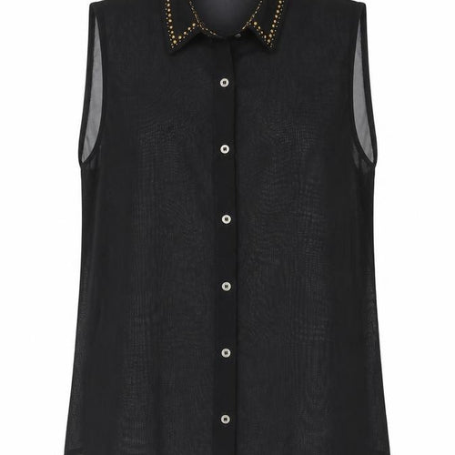 Love This Womens Black Polyester Camisole Blouse Size 8 Collared - Stud Detail Semi Sheer