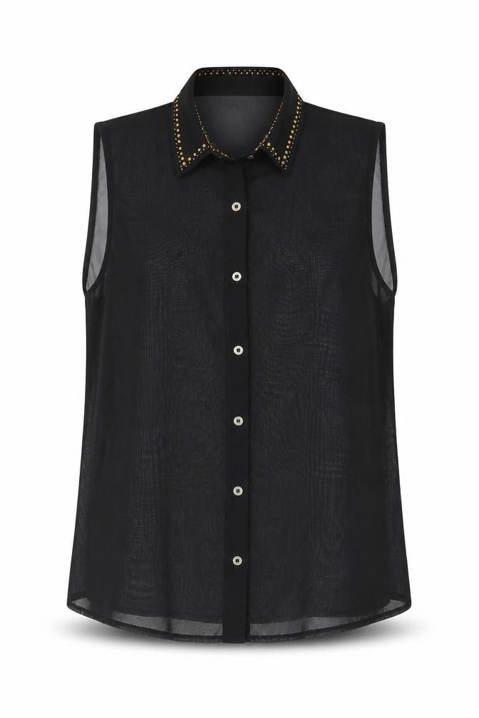 Love This Womens Black Polyester Camisole Blouse Size 8 Collared - Stud Detail Semi Sheer