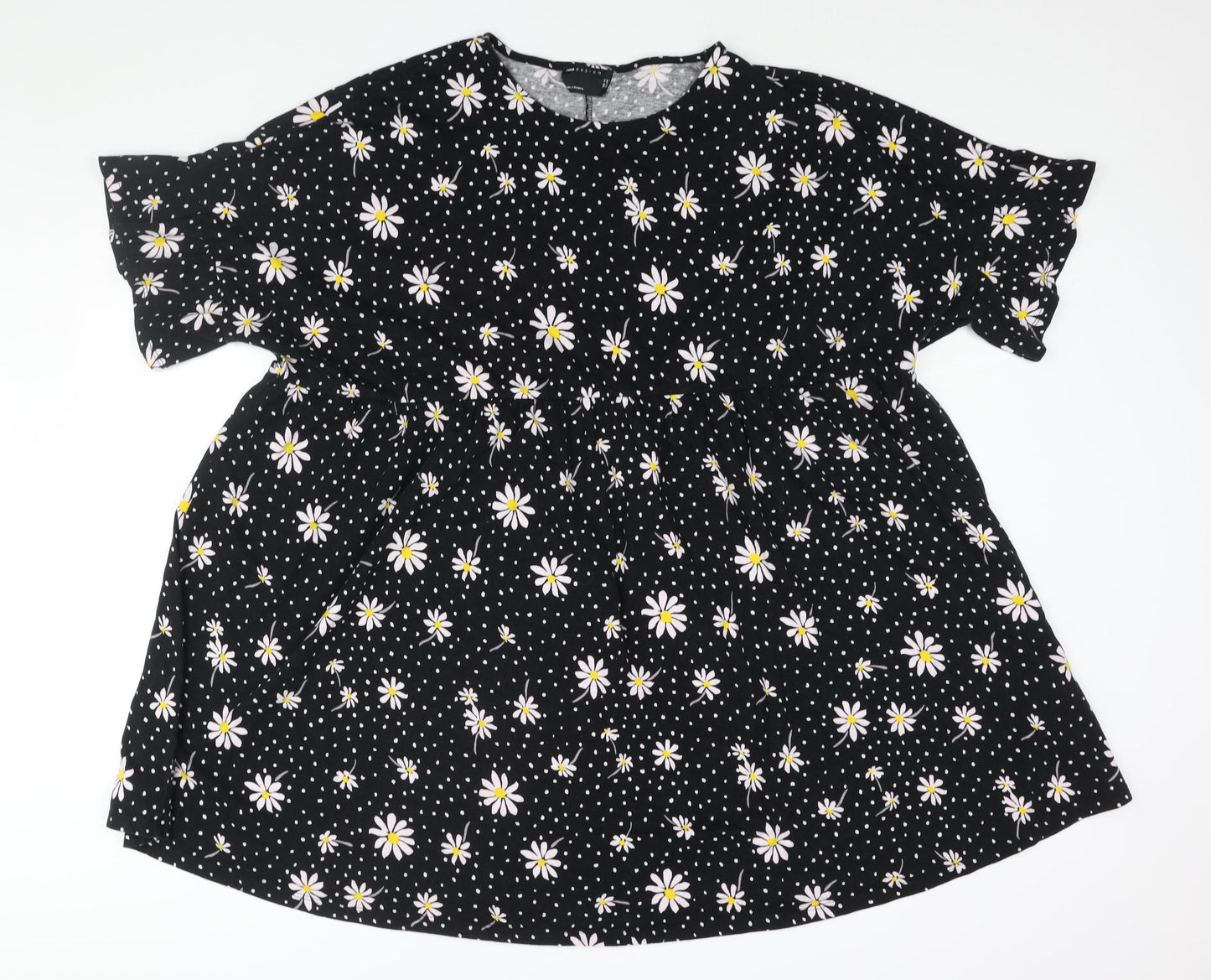ASOS Womens Black Floral Cotton Shift Size 16 Round Neck Pullover - Frill Smocked
