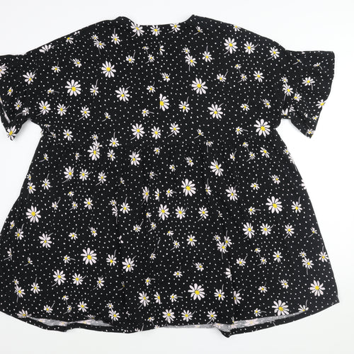 ASOS Womens Black Floral Cotton Shift Size 16 Round Neck Pullover - Frill Smocked