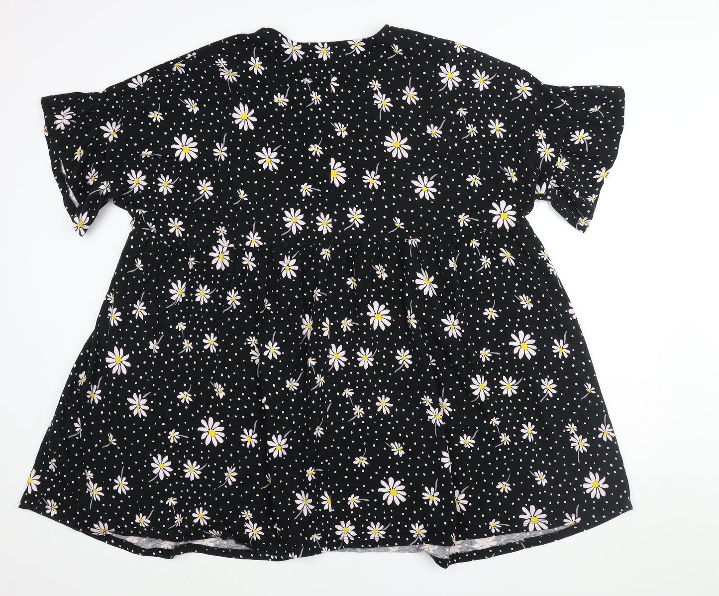 ASOS Womens Black Floral Cotton Shift Size 16 Round Neck Pullover - Frill Smocked