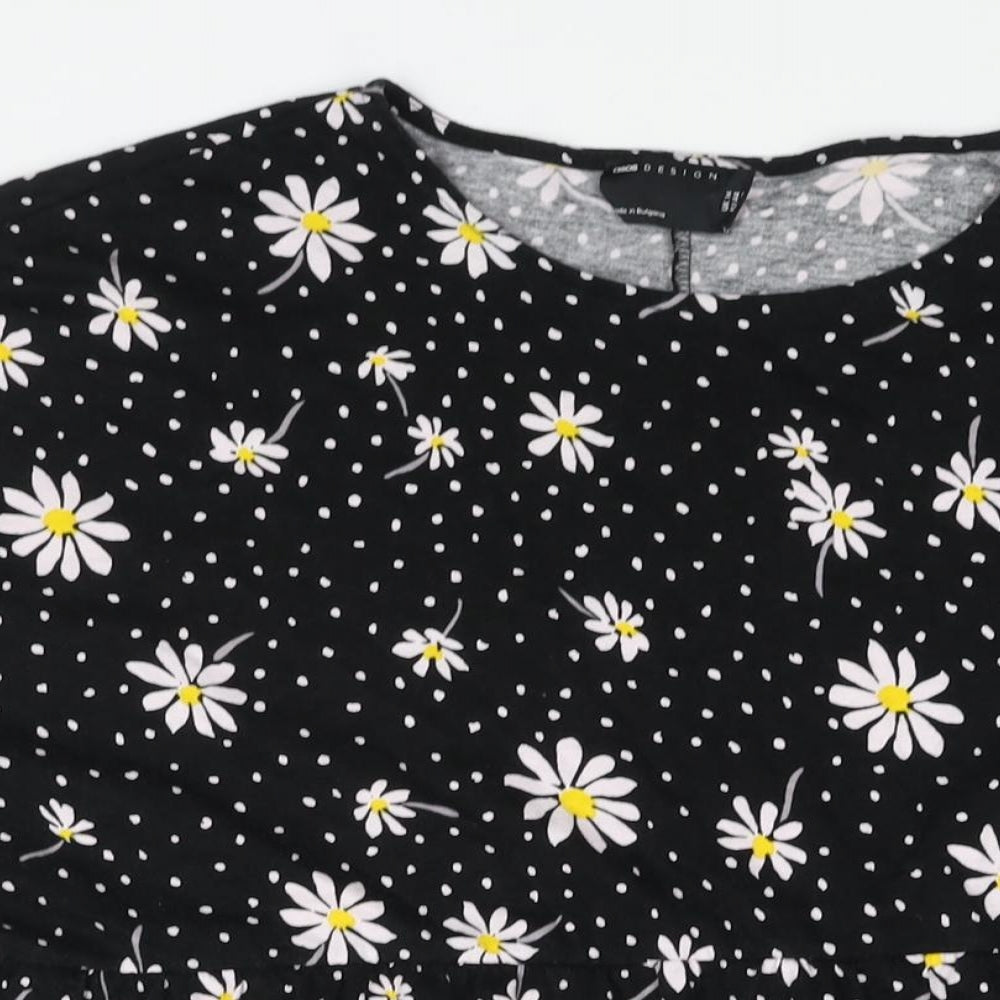 ASOS Womens Black Floral Cotton Shift Size 16 Round Neck Pullover - Frill Smocked