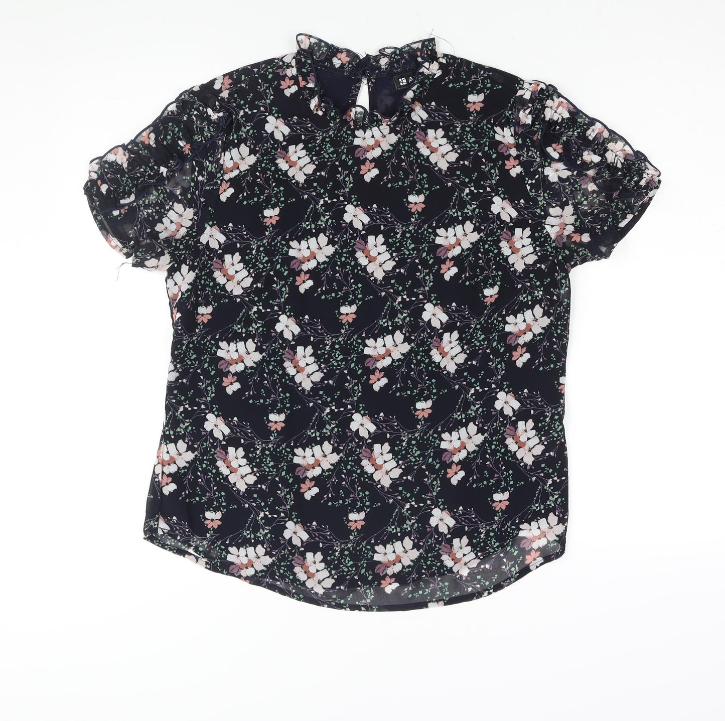 Allegra K Womens Blue Floral Polyester Basic Blouse Size M Mock Neck