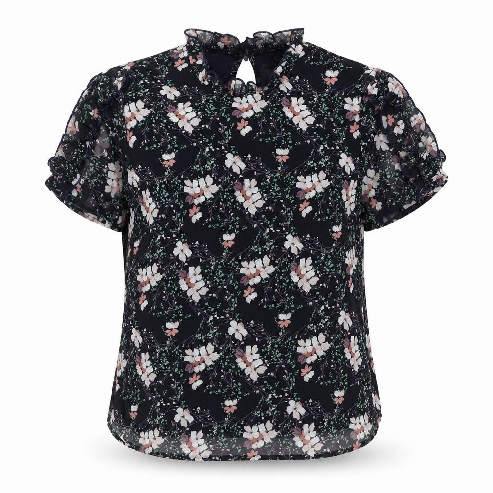 Front view of Allegra K women’s blue floral polyester basic blouse, size M, mock neck