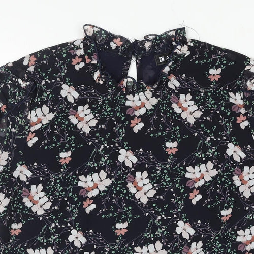 Allegra K Womens Blue Floral Polyester Basic Blouse Size M Mock Neck