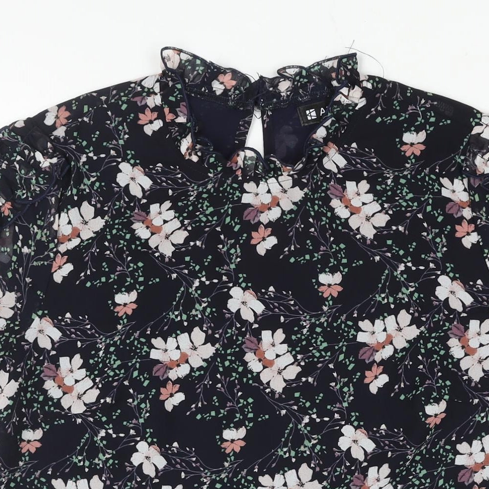 Allegra K Womens Blue Floral Polyester Basic Blouse Size M Mock Neck