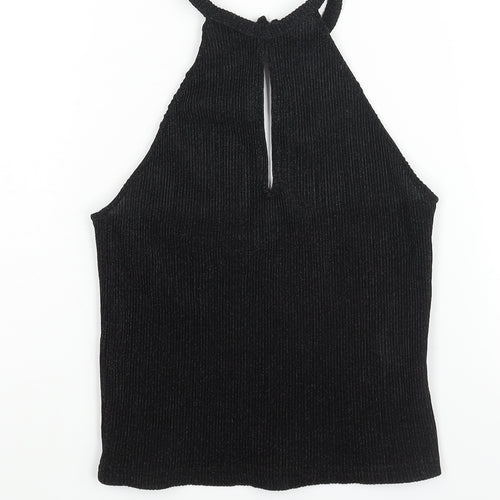 Glamorous Womens Black Polyester Basic Blouse Size M Halter - Glitter Plisse Keyhole Neck