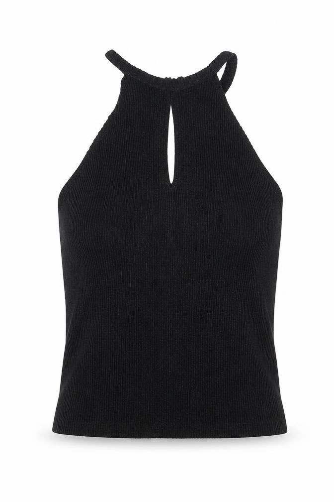 Front view of Glamorous women’s black polyester basic blouse, size M, halter - glitter plisse keyhole neck