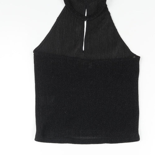 Glamorous Womens Black Polyester Basic Blouse Size M Halter - Glitter Plisse Keyhole Neck