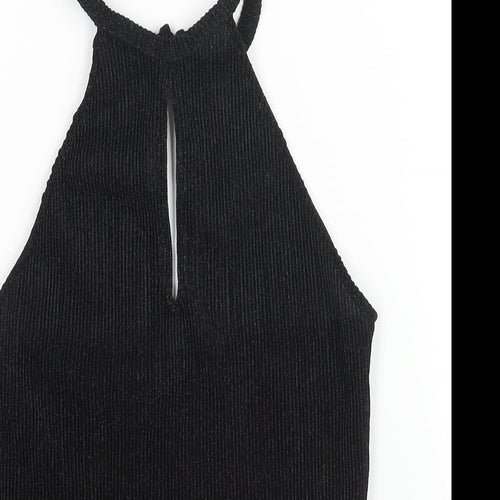 Glamorous Womens Black Polyester Basic Blouse Size M Halter - Glitter Plisse Keyhole Neck