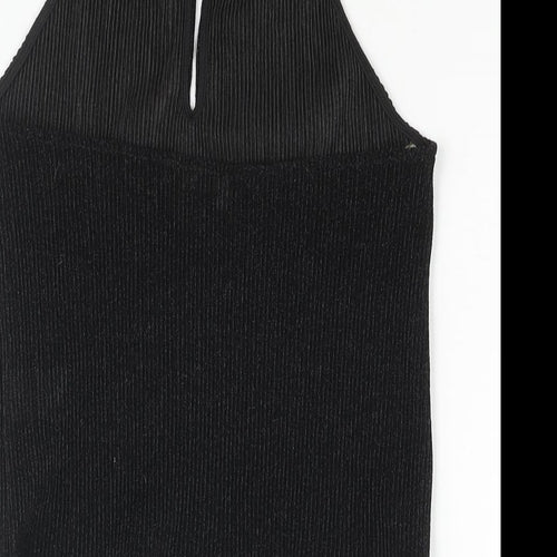 Glamorous Womens Black Polyester Basic Blouse Size M Halter - Glitter Plisse Keyhole Neck