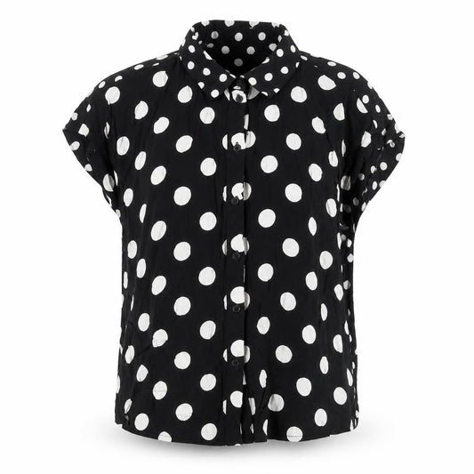 Front view of Topshop women’s black polka dot viscose basic button-up, size UK 8, collared