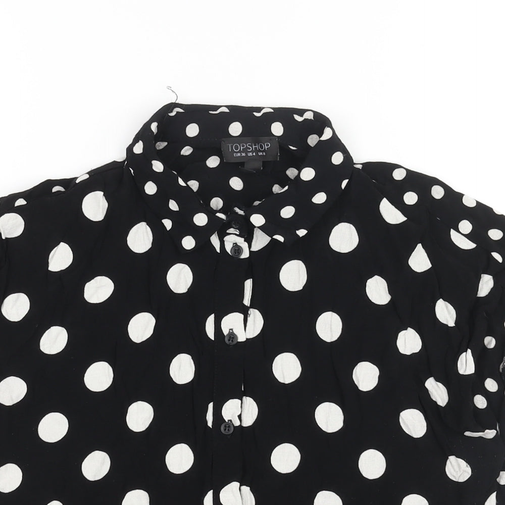 Topshop Womens Black Polka Dot Viscose Basic Button-Up Size 8 Collared