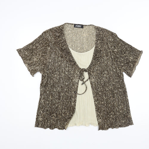 First Avenue Womens Brown Geometric Polyester Basic Blouse Size XL Scoop Neck - Layered Plisse Frill Bow