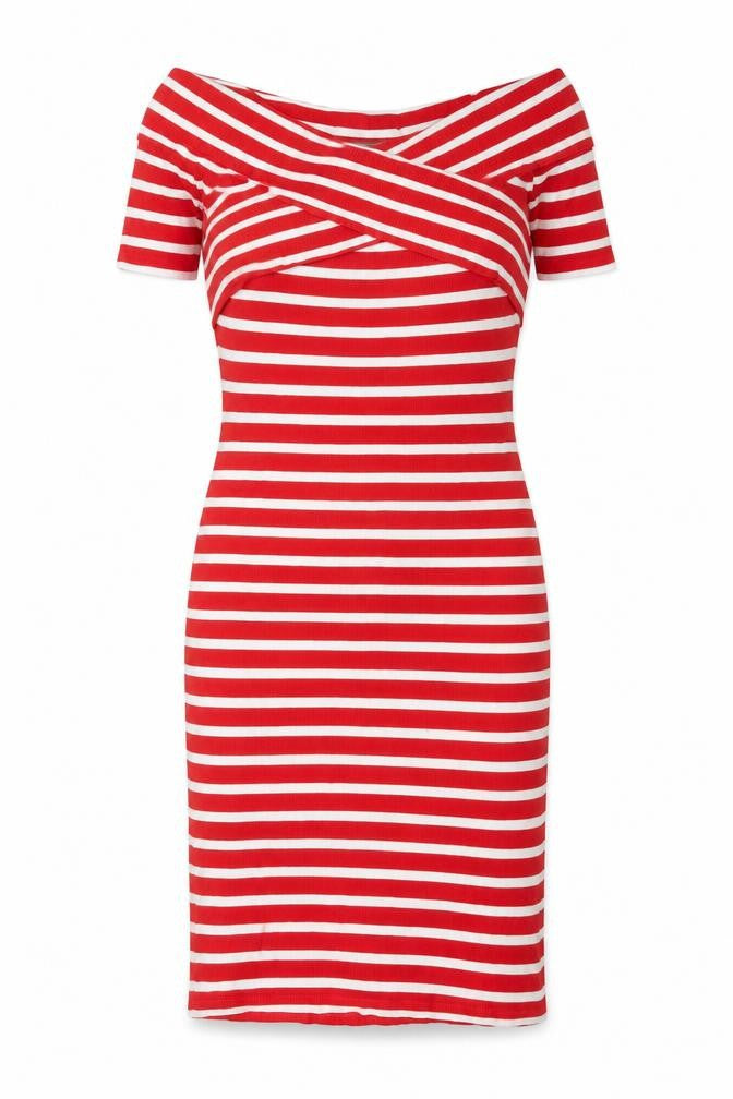 Front view of Oasis women’s red viscose bodycon, size S, v-neck pullover