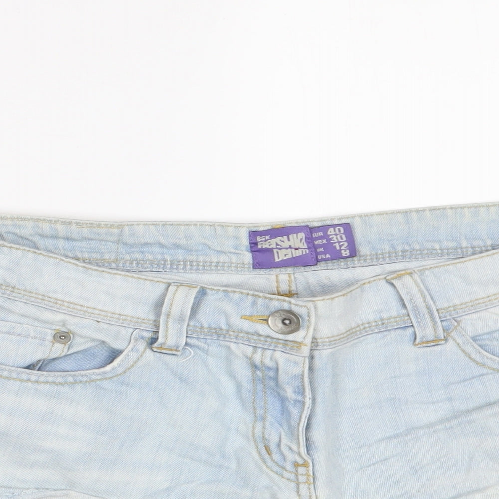Bershka Womens Blue Cotton Hot Pants Shorts Size 12 Regular Zip