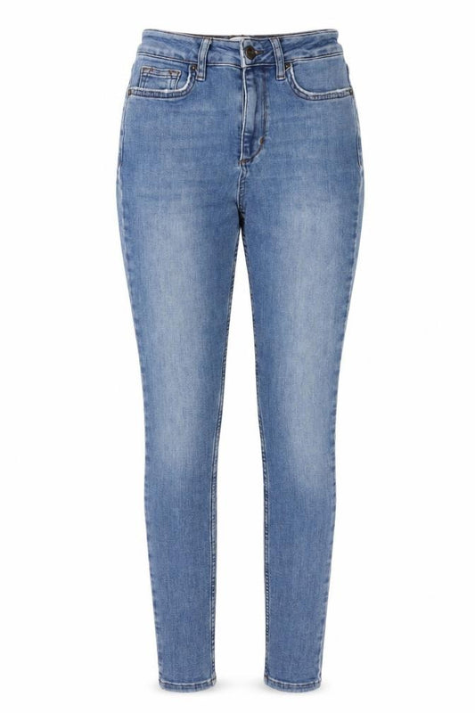 Front view of BDG women’s blue cotton skinny jeans, size UK 24, in, 32-inch leg regular zip