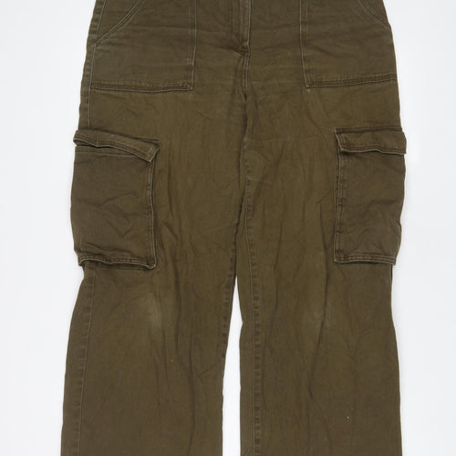 H&M Womens Green Cotton Cargo Trousers Size 14 L28 in Regular Hook & Eye