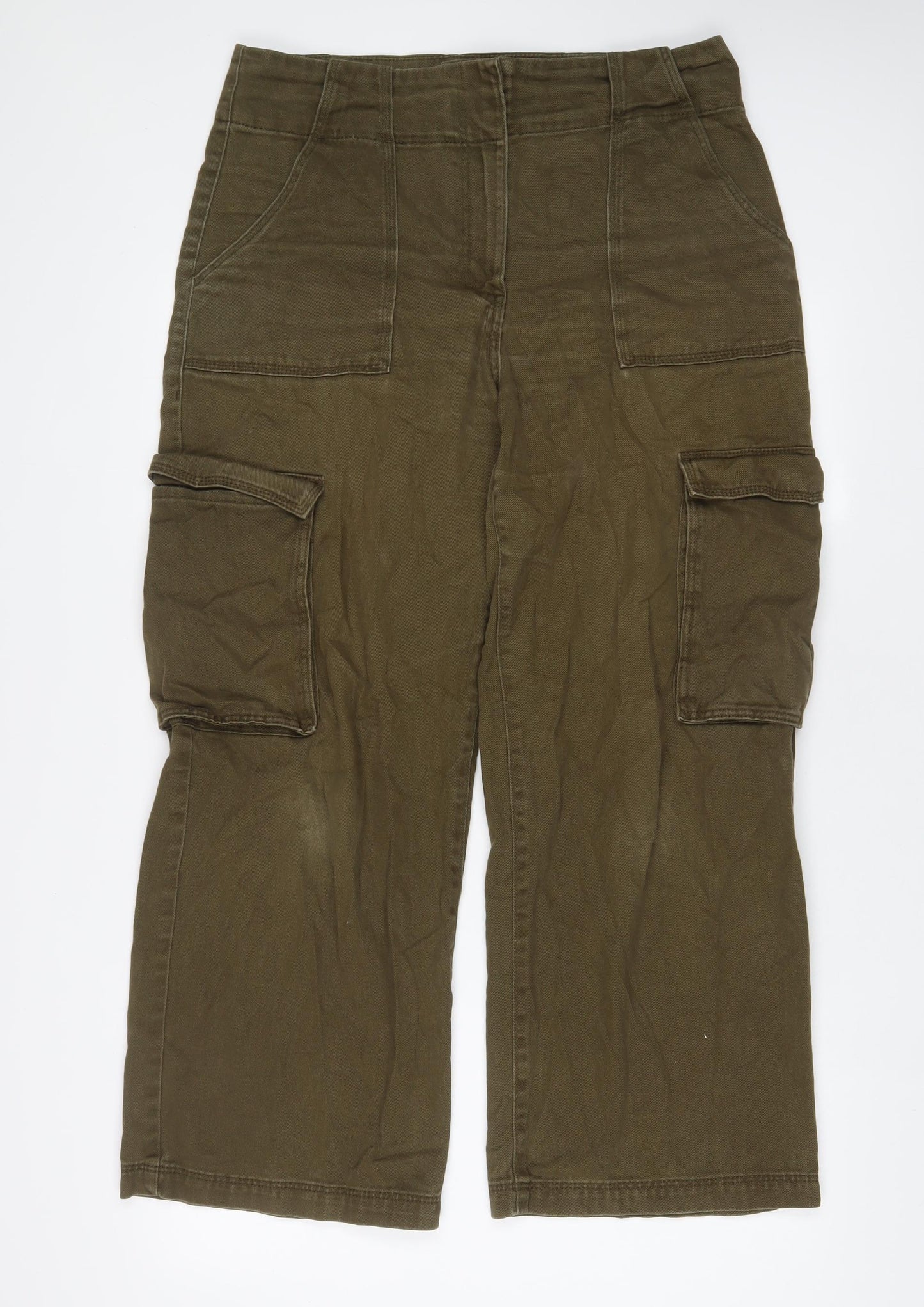 H&M Womens Green Cotton Cargo Trousers Size 14 L28 in Regular Hook & Eye