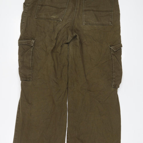 H&M Womens Green Cotton Cargo Trousers Size 14 L28 in Regular Hook & Eye