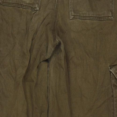 H&M Womens Green Cotton Cargo Trousers Size 14 L28 in Regular Hook & Eye
