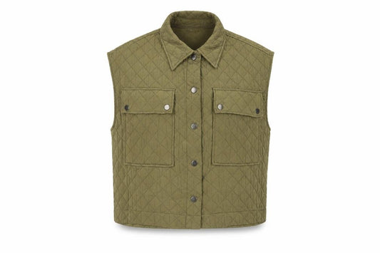 Front view of Zara women’s green gilet jacket, size S, snap - pockets