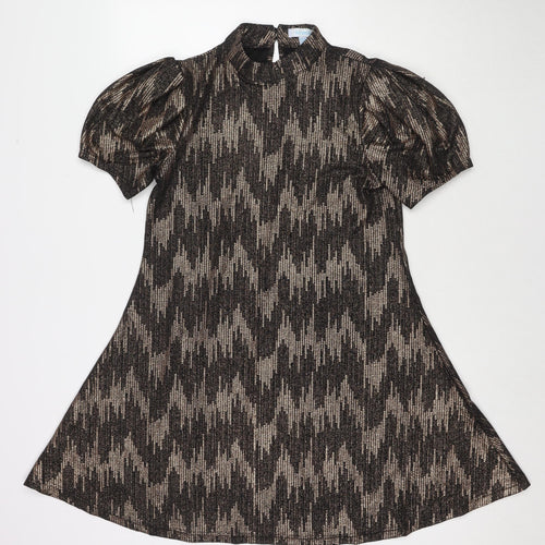 Blue Vanilla Womens Black Geometric Polyester A-Line Size 12 Mock Neck Button