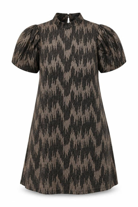 Front view of Blue Vanilla women’s black geometric polyester a-line, size UK 12, mock neck button