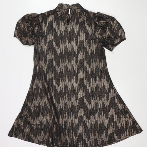 Blue Vanilla Womens Black Geometric Polyester A-Line Size 12 Mock Neck Button