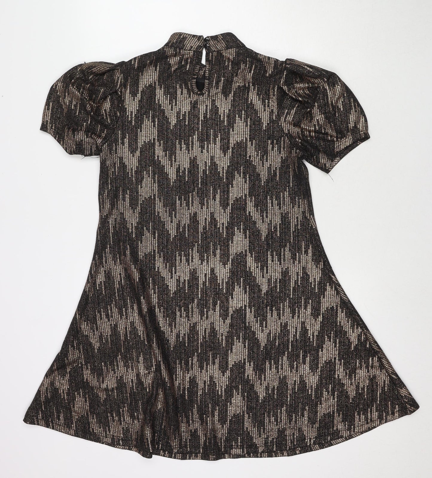 Blue Vanilla Womens Black Geometric Polyester A-Line Size 12 Mock Neck Button