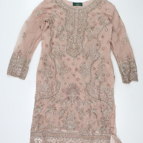 Husnara Womens Beige Polyester Tunic Blouse Size S Round Neck - Embellishment Jeweled Detail