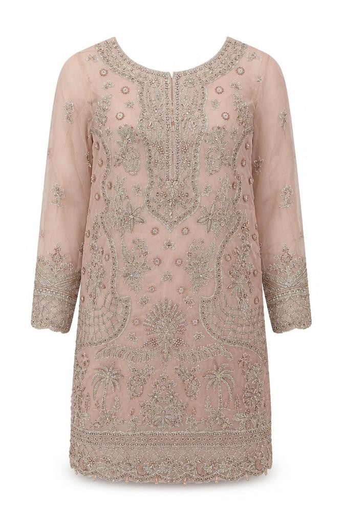 Husnara Womens Beige Polyester Tunic Blouse Size S Round Neck - Embellishment Jeweled Detail