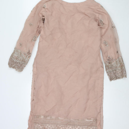 Husnara Womens Beige Polyester Tunic Blouse Size S Round Neck - Embellishment Jeweled Detail